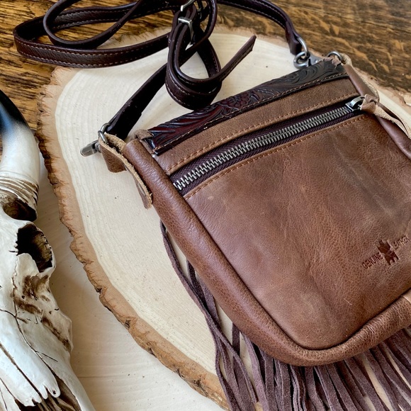 Western Leather Crossbody Fringe Tooled purse bag - Picture 7 of 10
